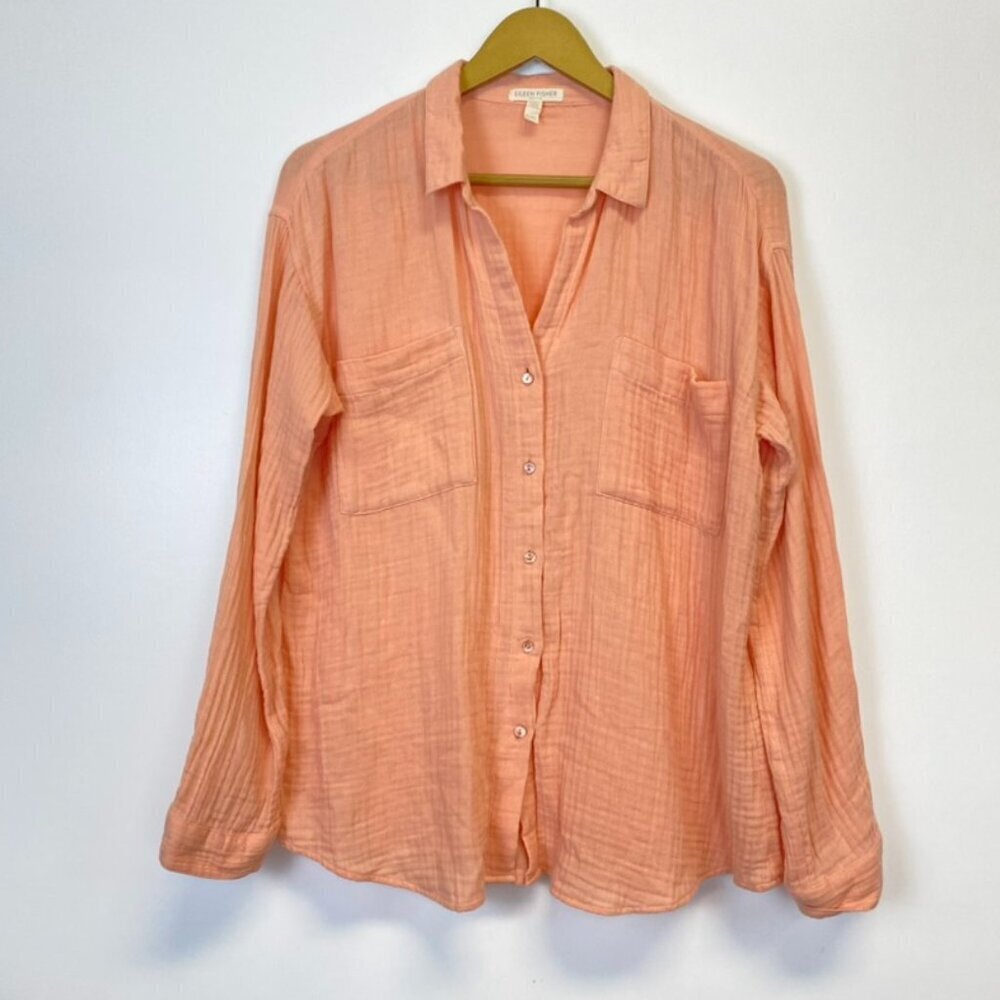 Eileen Fisher Organic Cotton Peach Gauze Button Down Top - Picture 2 of 12